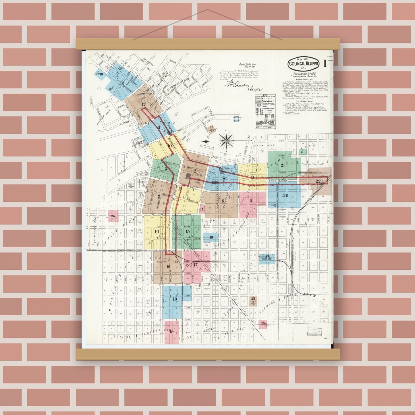 Old map wall art mockup — magnetic wood frame on brick wall — Sanborn Fire Insurance Map from Council Bluffs, Pottawattamie County, Iowa (1891) â€” Complete Set
