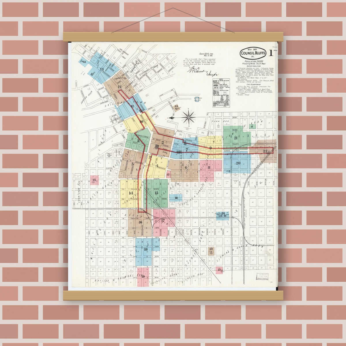 Old map wall art mockup — magnetic wood frame on brick wall — Sanborn Fire Insurance Map from Council Bluffs, Pottawattamie County, Iowa (1891) â€” Complete Set
