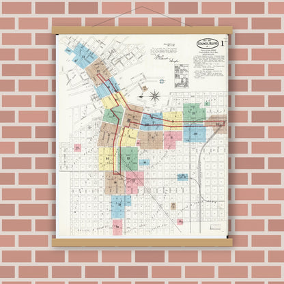 Old map wall art mockup — magnetic wood frame on brick wall — Sanborn Fire Insurance Map from Council Bluffs, Pottawattamie County, Iowa (1891) â€” Complete Set