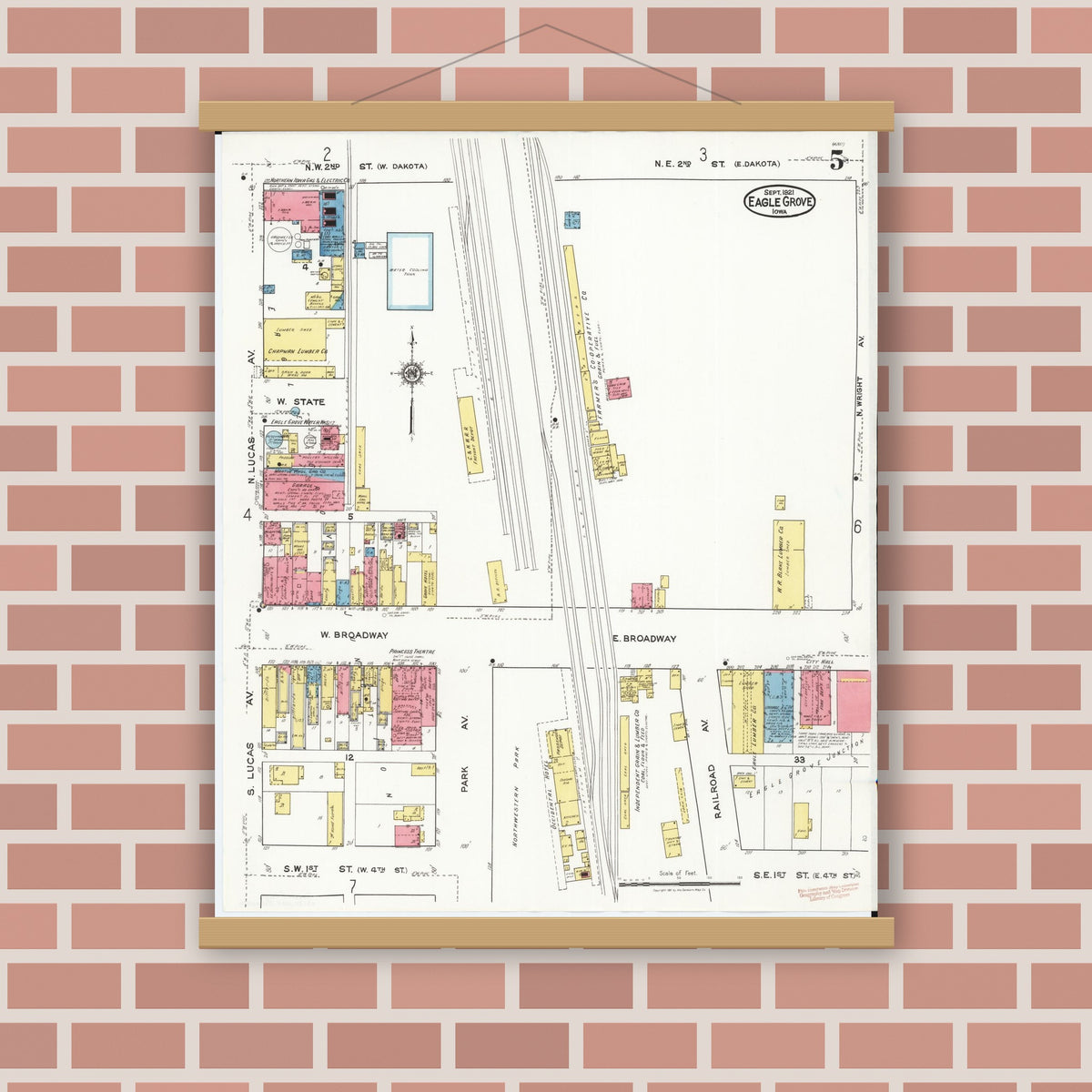 Old map wall art mockup — magnetic wood frame on brick wall — Sanborn Fire Insurance Map from Eagle Grove, Wright County, Iowa (1921), Sheet #0005