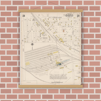 Old map wall art mockup — magnetic wood frame on brick wall — Sanborn Fire Insurance Map from Iron Mountain, Dickinson County, Michigan (1923), Sheet #0021