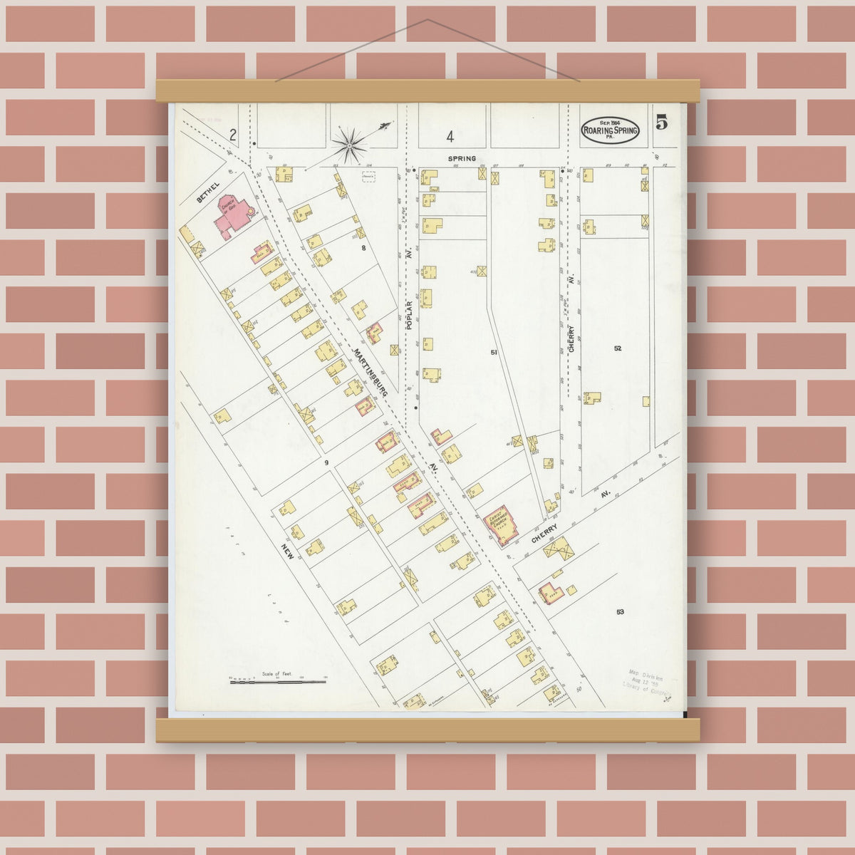 Old map wall art mockup — magnetic wood frame on brick wall — Sanborn Fire Insurance Map from Roaring Spring, Blair County, Pennsylvania (1904), Sheet #0005