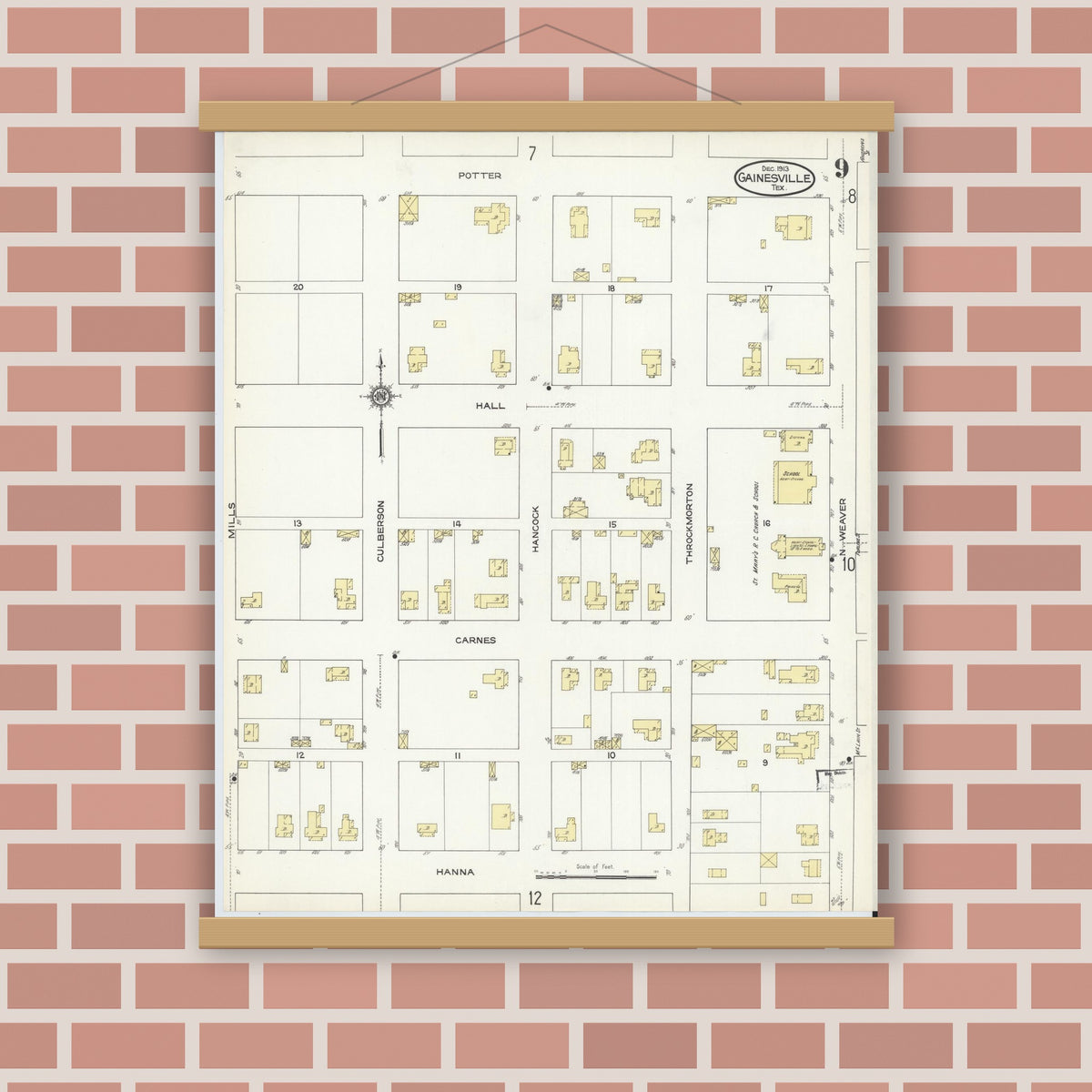 Old map wall art mockup — magnetic wood frame on brick wall — Sanborn Fire Insurance Map from Gainesville, Cooke County, Texas (1913), Sheet #0009