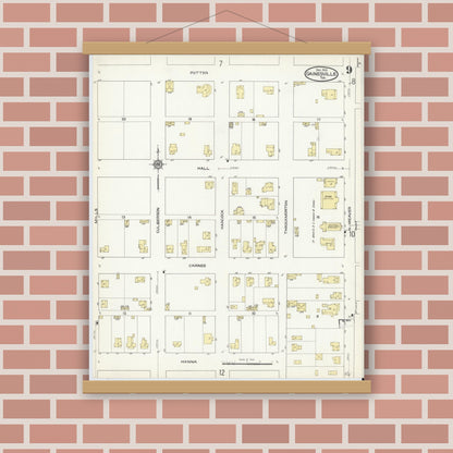 Old map wall art mockup — magnetic wood frame on brick wall — Sanborn Fire Insurance Map from Gainesville, Cooke County, Texas (1913), Sheet #0009