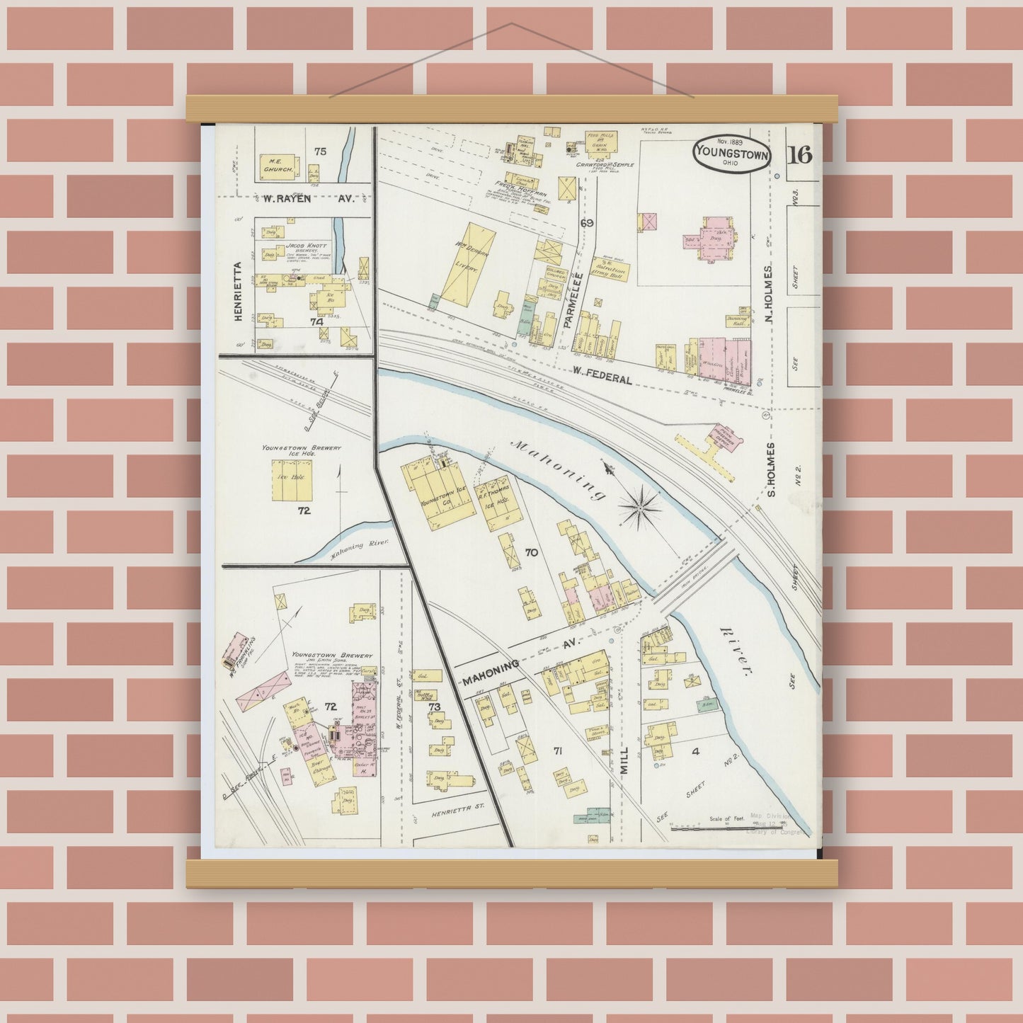 Old map wall art mockup — magnetic wood frame on brick wall — Sanborn Fire Insurance Map from Youngstown, Mahoning County, Ohio (1889), Sheet #0016