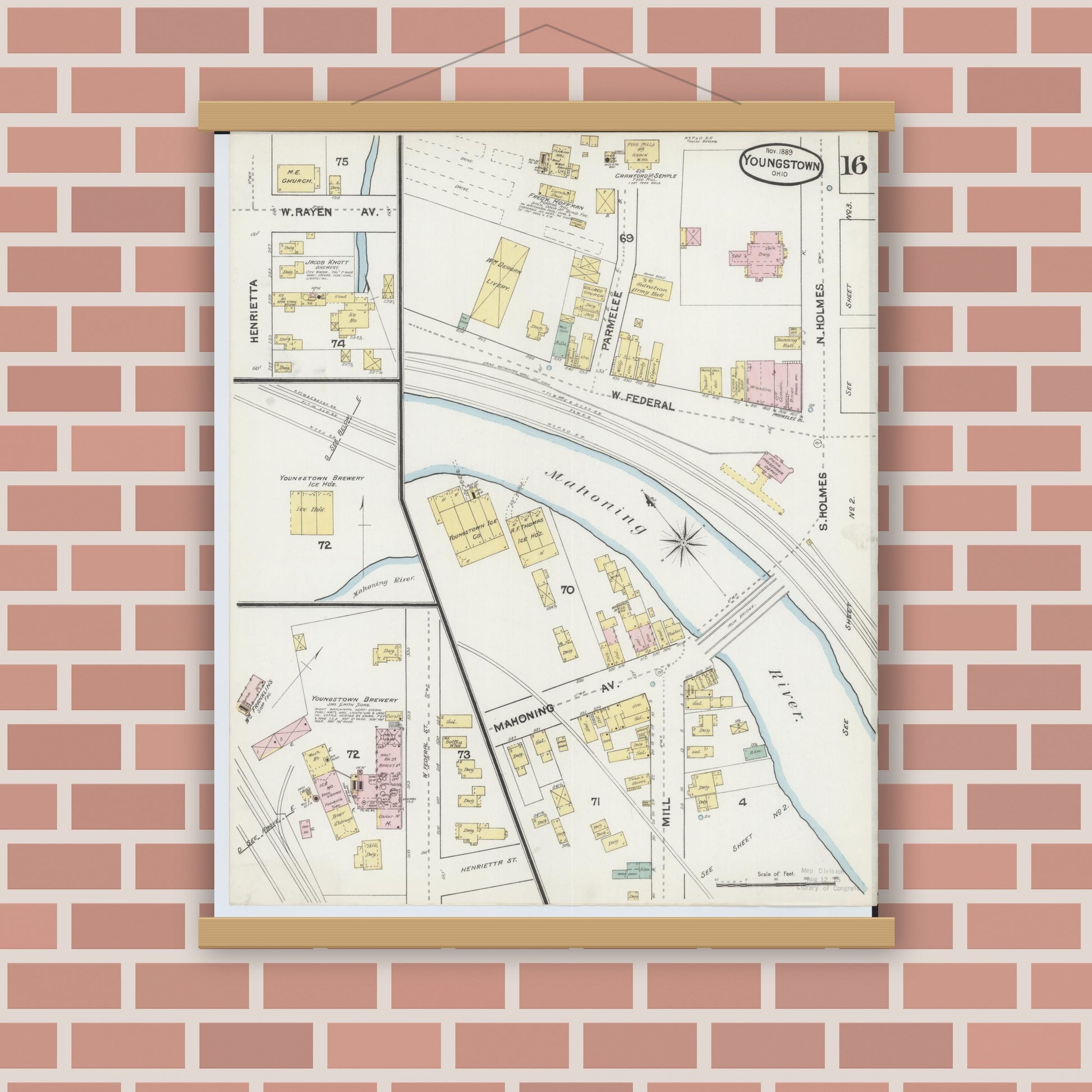 Old map wall art mockup — magnetic wood frame on brick wall — Sanborn Fire Insurance Map from Youngstown, Mahoning County, Ohio (1889), Sheet #0016