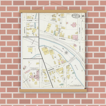Old map wall art mockup — magnetic wood frame on brick wall — Sanborn Fire Insurance Map from Youngstown, Mahoning County, Ohio (1889), Sheet #0016