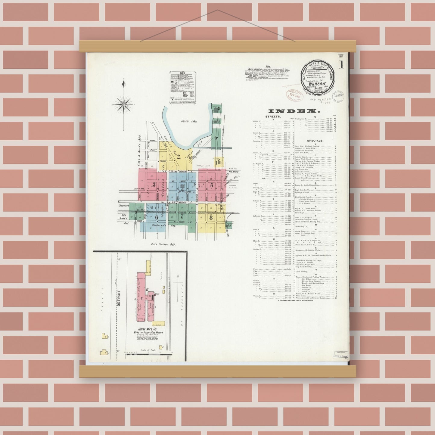 Old map wall art mockup — magnetic wood frame on brick wall — Sanborn Fire Insurance Map from Warsaw, Kosciusko County, Indiana (1899) - Complete Map Set