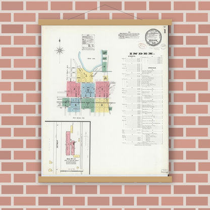 Old map wall art mockup — magnetic wood frame on brick wall — Sanborn Fire Insurance Map from Warsaw, Kosciusko County, Indiana (1899) - Complete Map Set