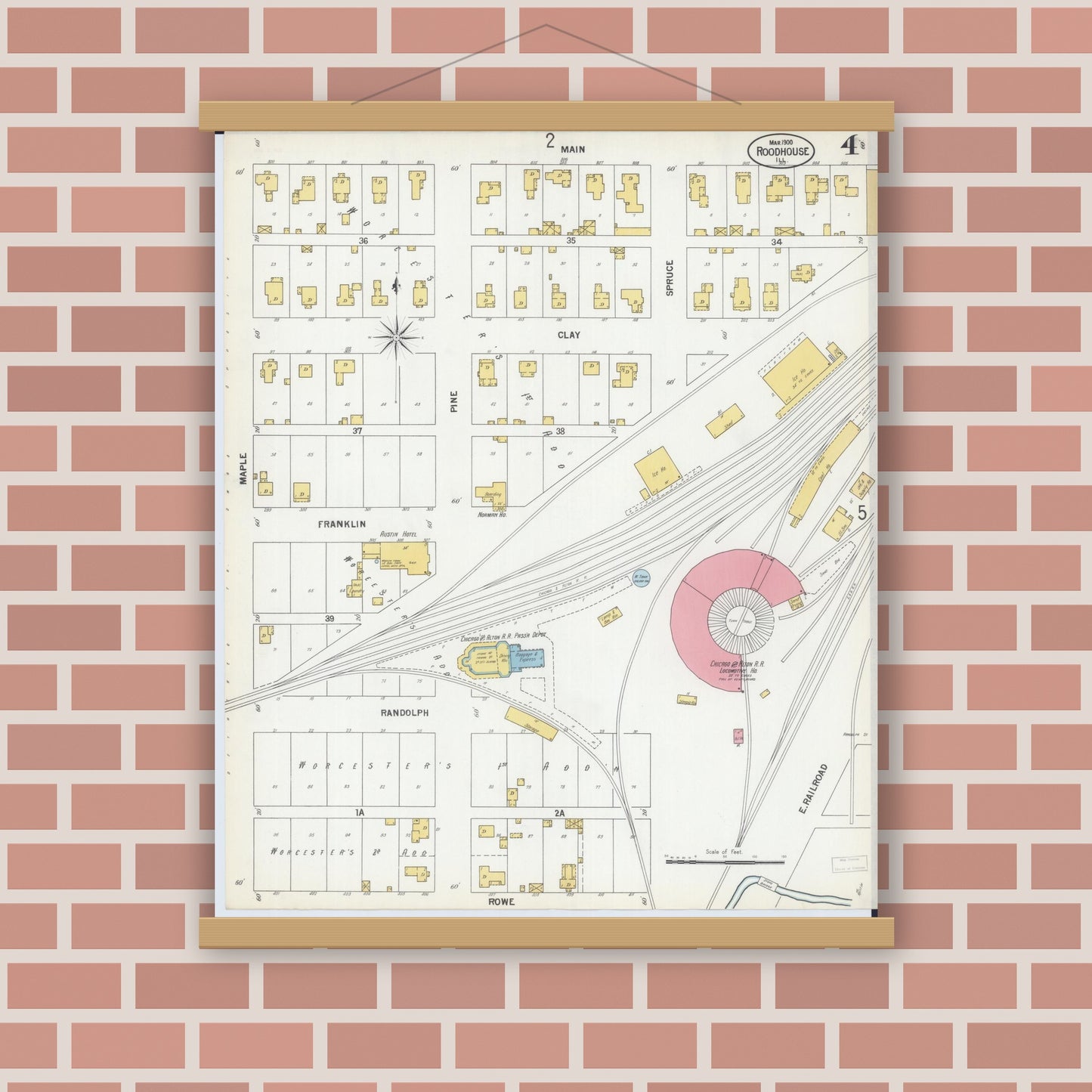 Old map wall art mockup — magnetic wood frame on brick wall — Sanborn Fire Insurance Map from Roodhouse, Greene County, Illinois (1900), Sheet #0004