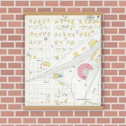 Old map wall art mockup — magnetic wood frame on brick wall — Sanborn Fire Insurance Map from Roodhouse, Greene County, Illinois (1900), Sheet #0004