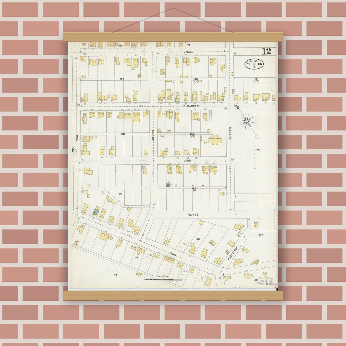Old map wall art mockup — magnetic wood frame on brick wall — Sanborn Fire Insurance Map from Pittston, Luzerne County, Pennsylvania (1903), Sheet #0012