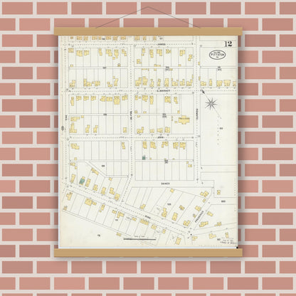 Old map wall art mockup — magnetic wood frame on brick wall — Sanborn Fire Insurance Map from Pittston, Luzerne County, Pennsylvania (1903), Sheet #0012