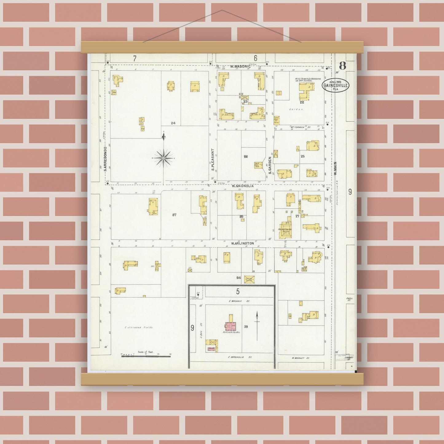 Old map wall art mockup — magnetic wood frame on brick wall — Sanborn Fire Insurance Map from Gainesville, Alachua County, Florida (1903), Sheet #0008
