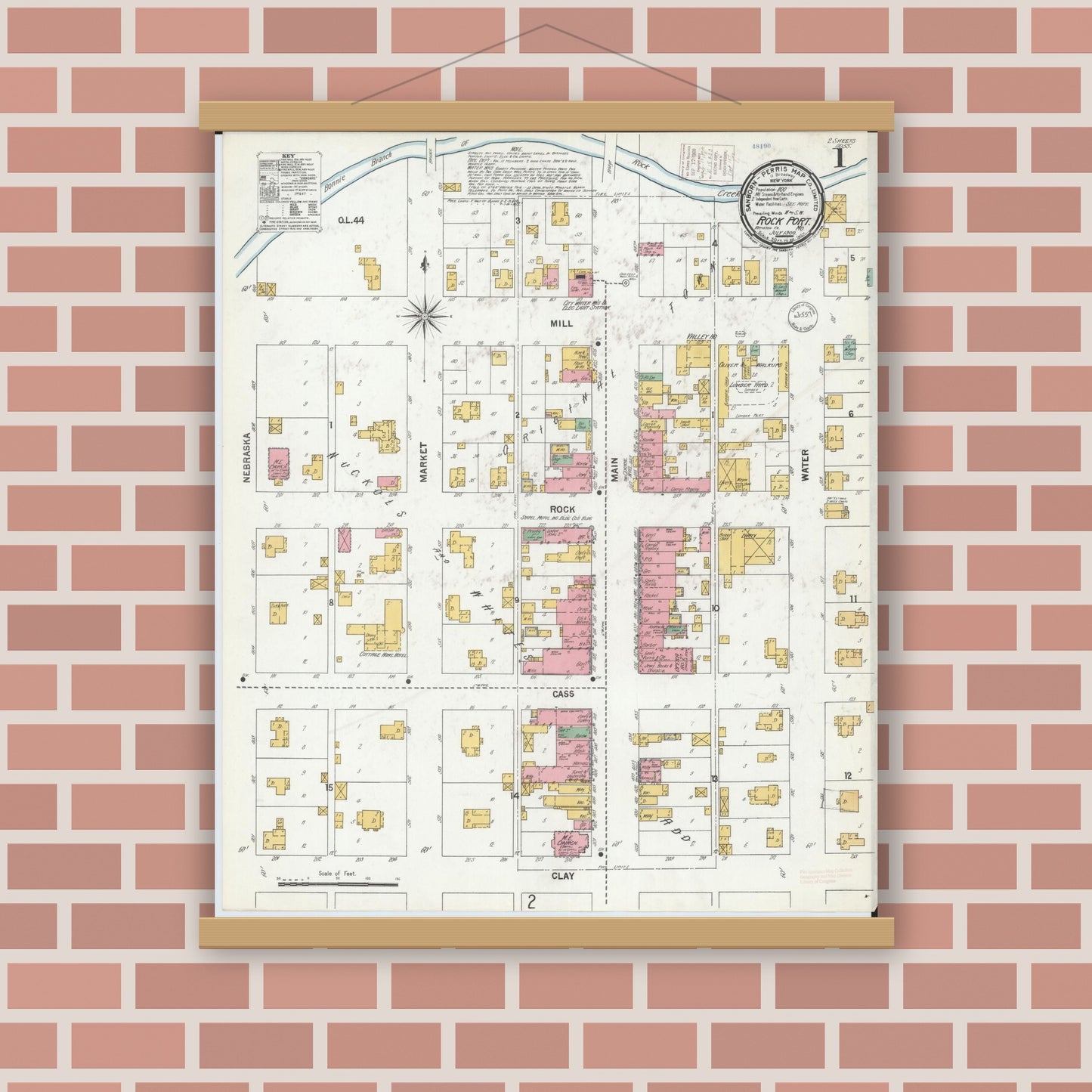 Old map wall art mockup — magnetic wood frame on brick wall — Sanborn Fire Insurance Map from Rockport, Atchison County, Missouri (1900) - Complete Map Set