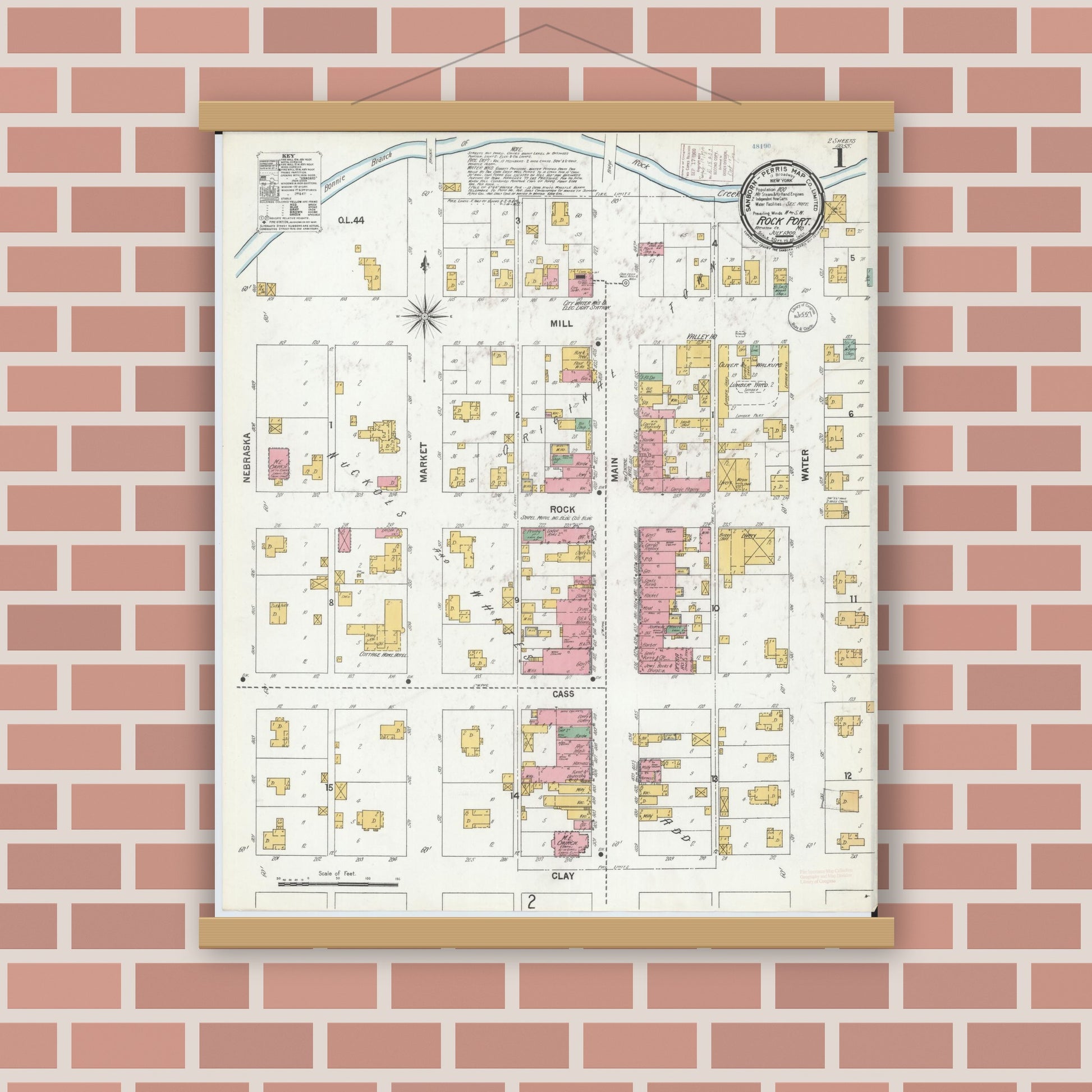 Old map wall art mockup — magnetic wood frame on brick wall — Sanborn Fire Insurance Map from Rockport, Atchison County, Missouri (1900) - Complete Map Set