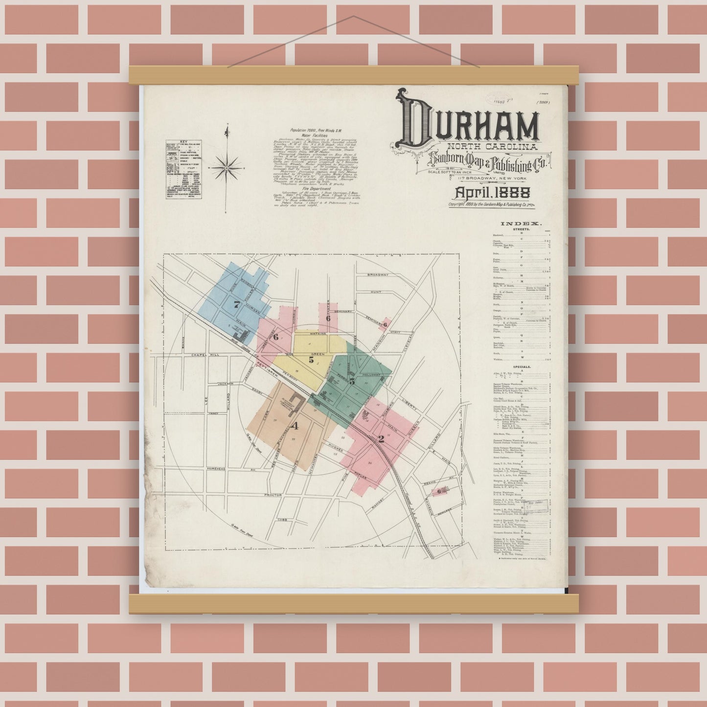 Old map wall art mockup — magnetic wood frame on brick wall — Sanborn Fire Insurance Map from Durham, Durham County, North Carolina (1888), Sheet #0001