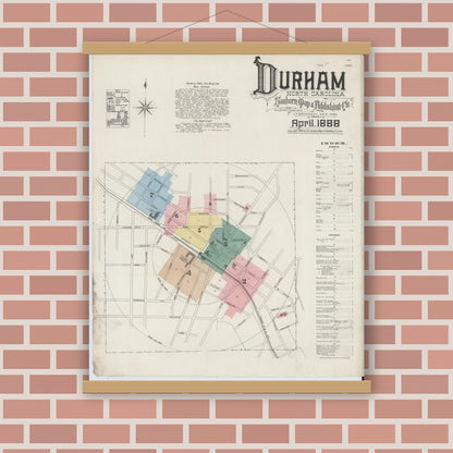 Old map wall art mockup — magnetic wood frame on brick wall — Sanborn Fire Insurance Map from Durham, Durham County, North Carolina (1888), Sheet #0001