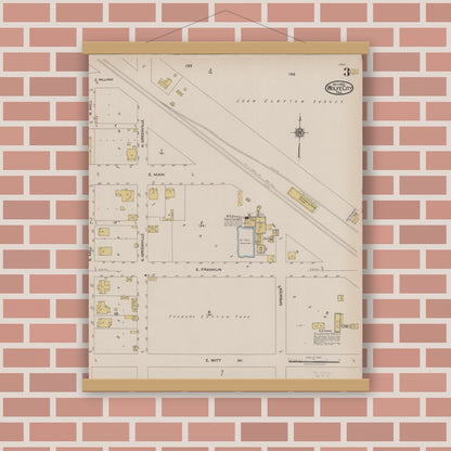 Old map wall art mockup — magnetic wood frame on brick wall — Sanborn Fire Insurance Map from Wolfe City, Hunt County, Texas (1922), Sheet #0003