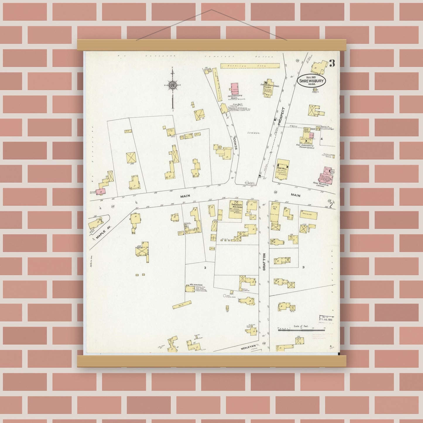 Old map wall art mockup — magnetic wood frame on brick wall — Sanborn Fire Insurance Map from Shrewsbury, Worcester County, Massachusetts (1910), Sheet #0003