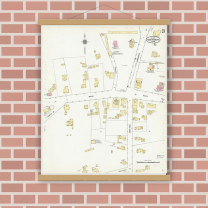 Old map wall art mockup — magnetic wood frame on brick wall — Sanborn Fire Insurance Map from Shrewsbury, Worcester County, Massachusetts (1910), Sheet #0003