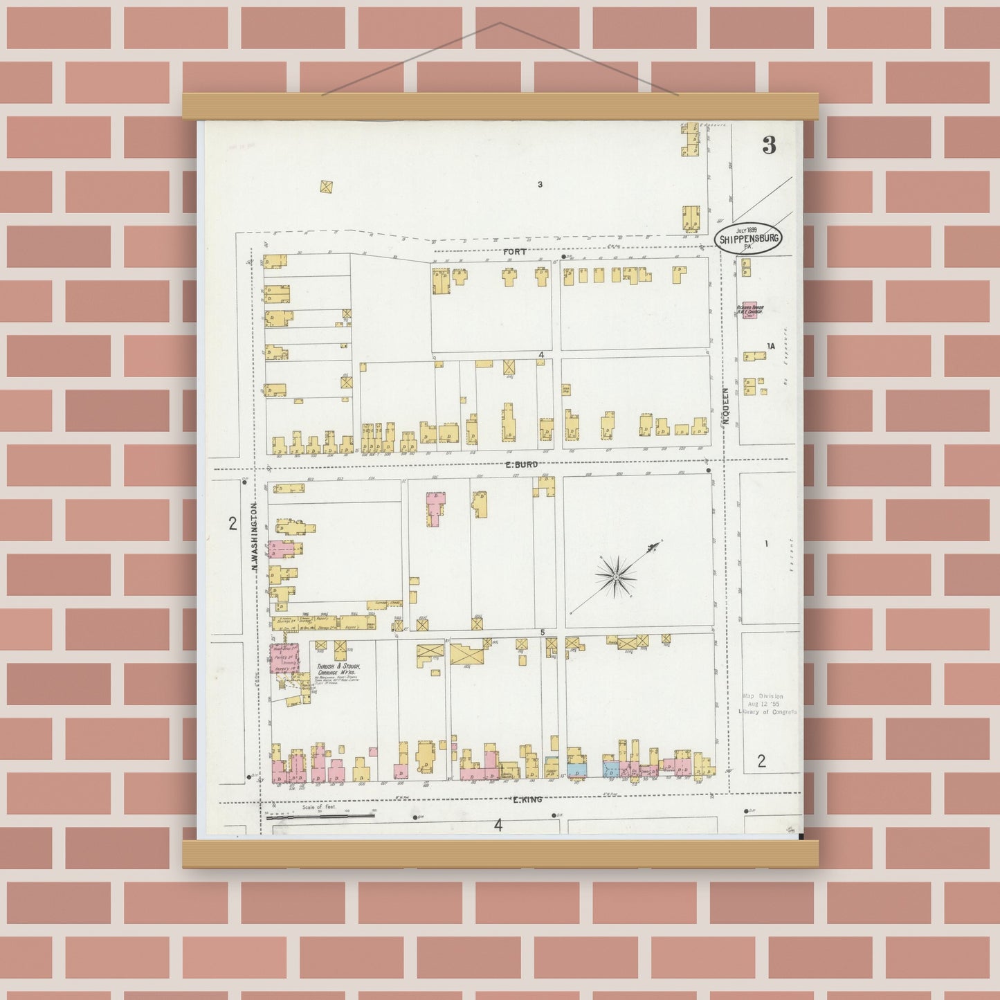 Old map wall art mockup — magnetic wood frame on brick wall — Sanborn Fire Insurance Map from Shippensburg, Cumberland And Franklin Counties, Pennsylvania (1899), Sheet #0003