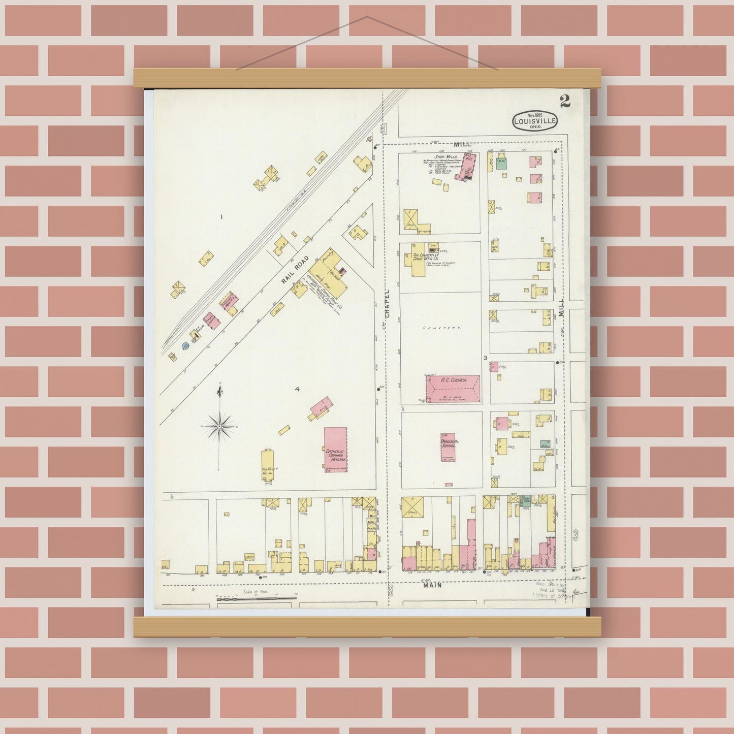 Old map wall art mockup — magnetic wood frame on brick wall — Sanborn Fire Insurance Map from Louisville, Stark County, Ohio (1895), Sheet #0002