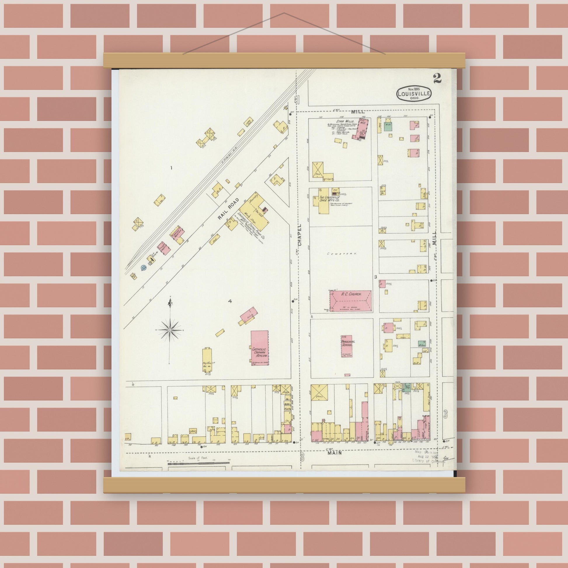 Old map wall art mockup — magnetic wood frame on brick wall — Sanborn Fire Insurance Map from Louisville, Stark County, Ohio (1895), Sheet #0002