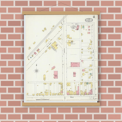 Old map wall art mockup — magnetic wood frame on brick wall — Sanborn Fire Insurance Map from Louisville, Stark County, Ohio (1895), Sheet #0002