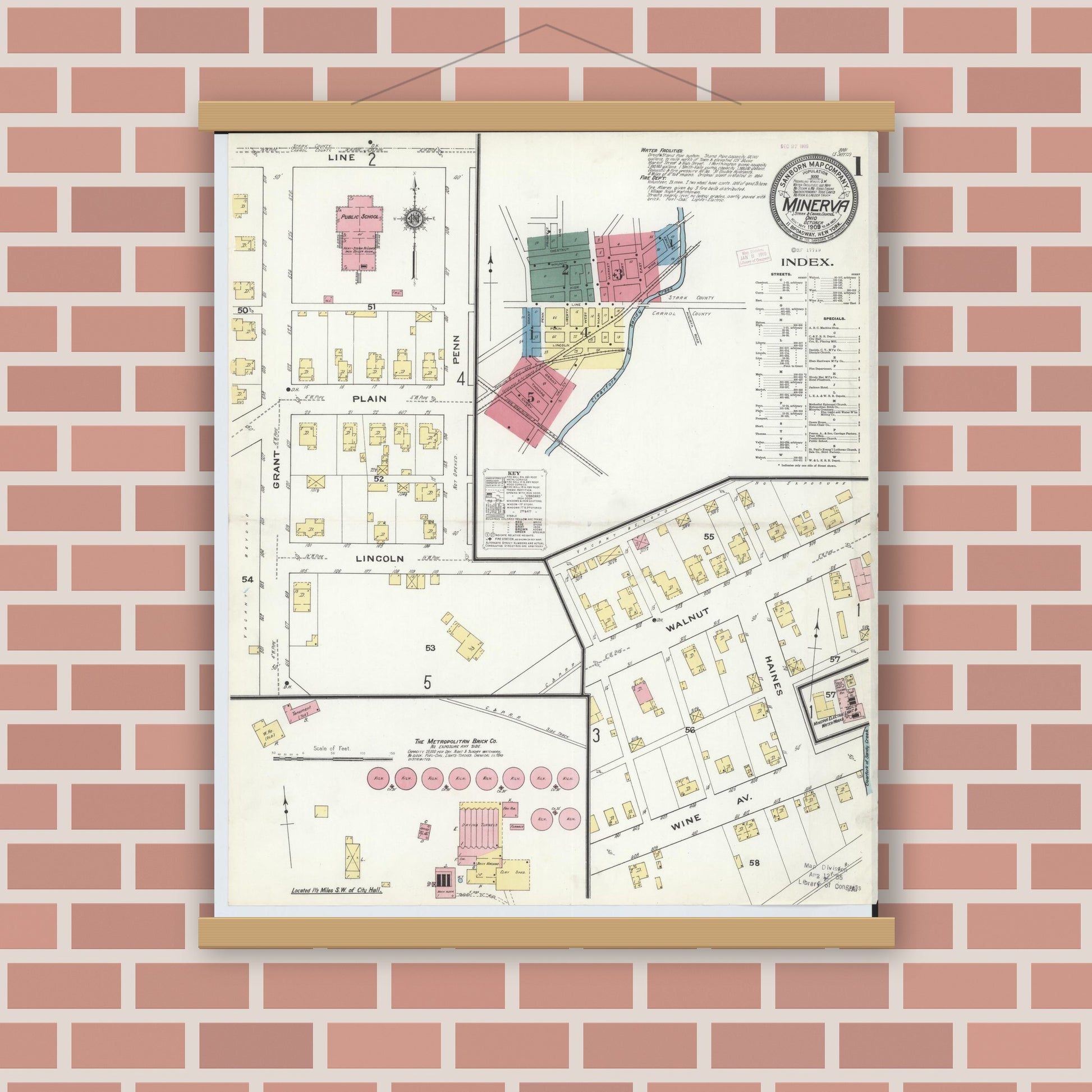 Old map wall art mockup — magnetic wood frame on brick wall — Sanborn Fire Insurance Map from Minerva, Stark And Carroll Counties, Ohio (1909), Sheet #0001