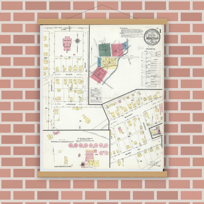 Old map wall art mockup — magnetic wood frame on brick wall — Sanborn Fire Insurance Map from Minerva, Stark And Carroll Counties, Ohio (1909), Sheet #0001