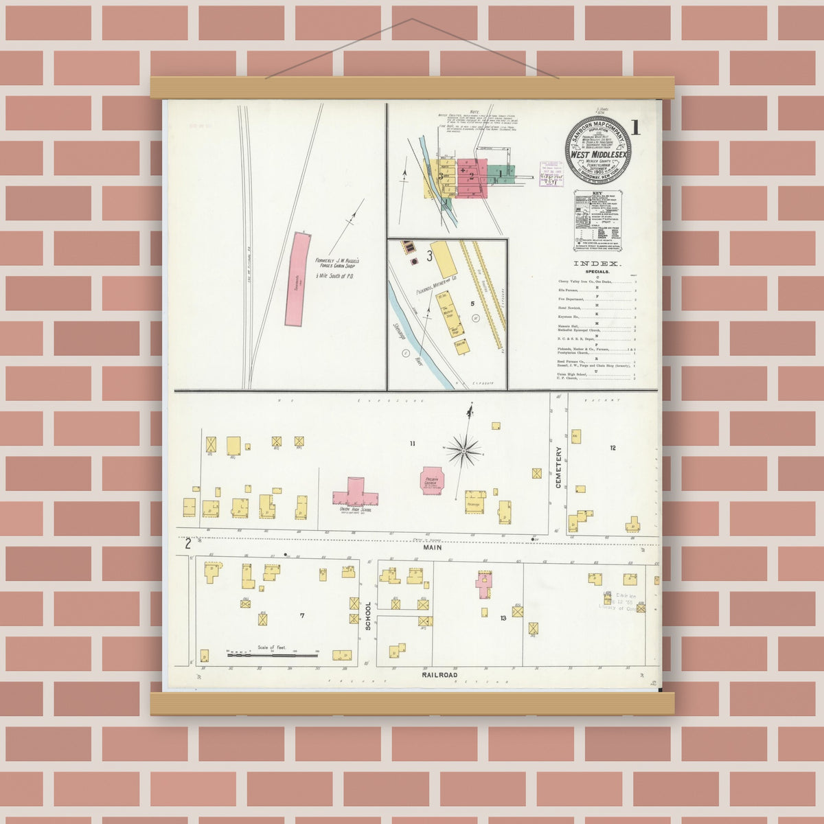Old map wall art mockup — magnetic wood frame on brick wall — Sanborn Fire Insurance Map from West Middlesex, Mercer County, Pennsylvania (1905), Sheet #0001