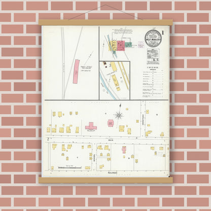 Old map wall art mockup — magnetic wood frame on brick wall — Sanborn Fire Insurance Map from West Middlesex, Mercer County, Pennsylvania (1905), Sheet #0001