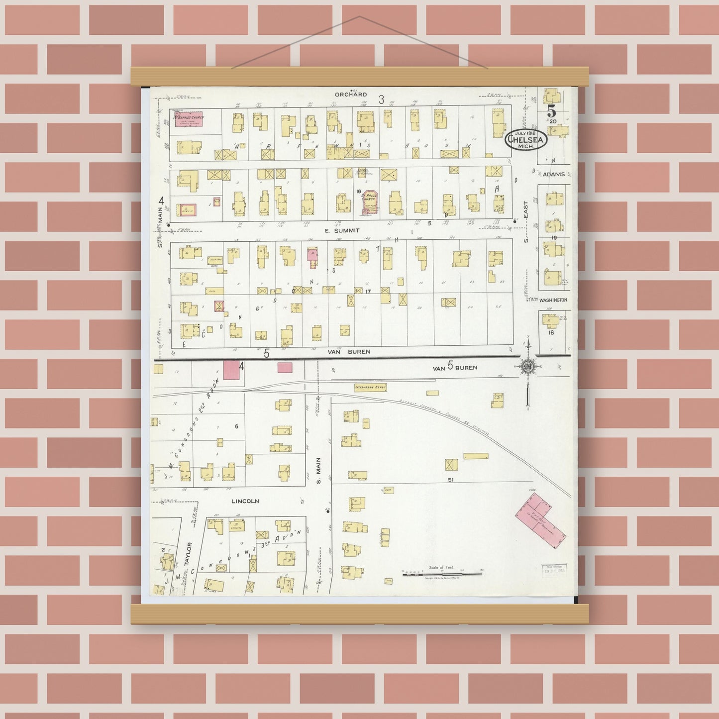 Old map wall art mockup — magnetic wood frame on brick wall — Sanborn Fire Insurance Map from Chelsea, Washtenaw County, Michigan (1918), Sheet #0005