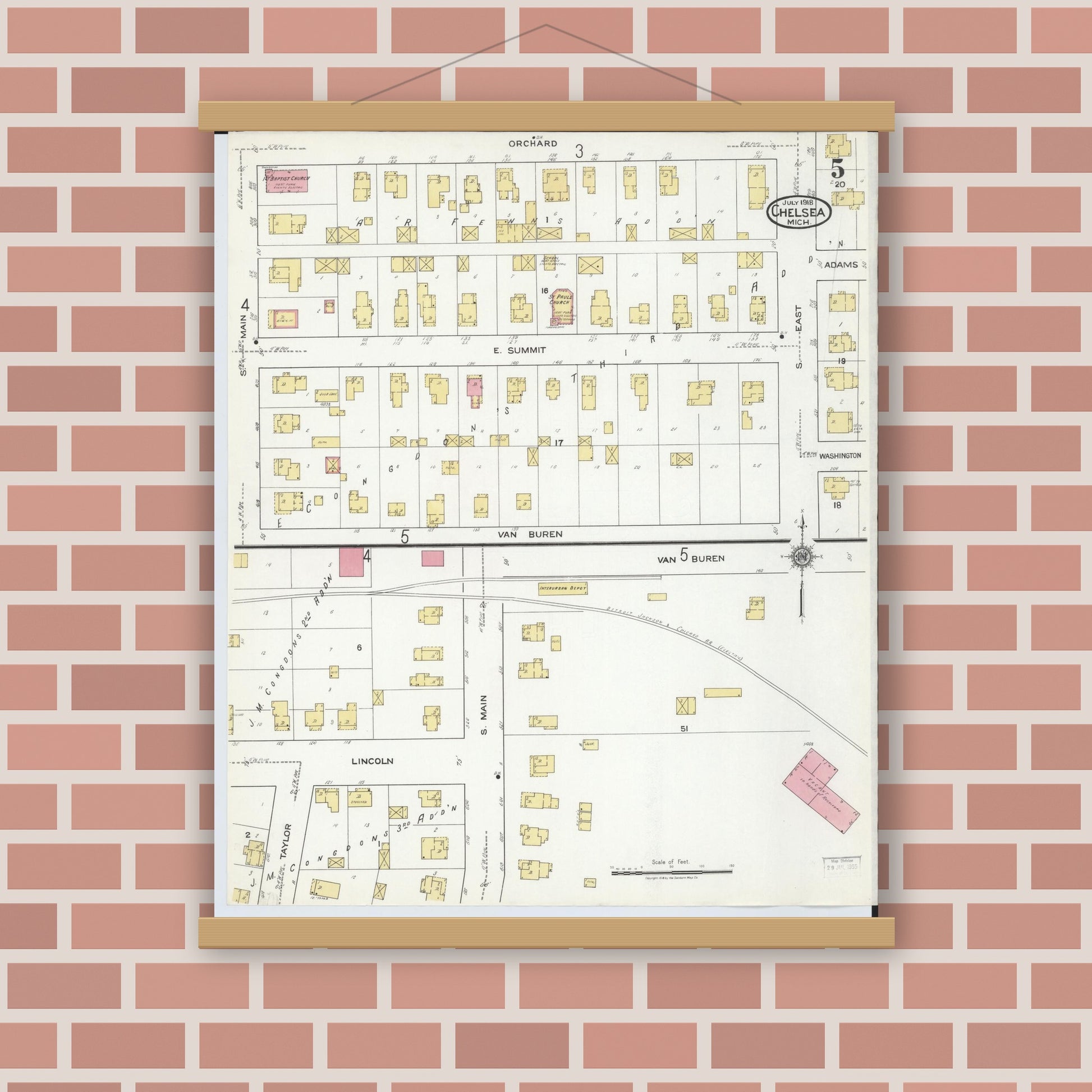 Old map wall art mockup — magnetic wood frame on brick wall — Sanborn Fire Insurance Map from Chelsea, Washtenaw County, Michigan (1918), Sheet #0005