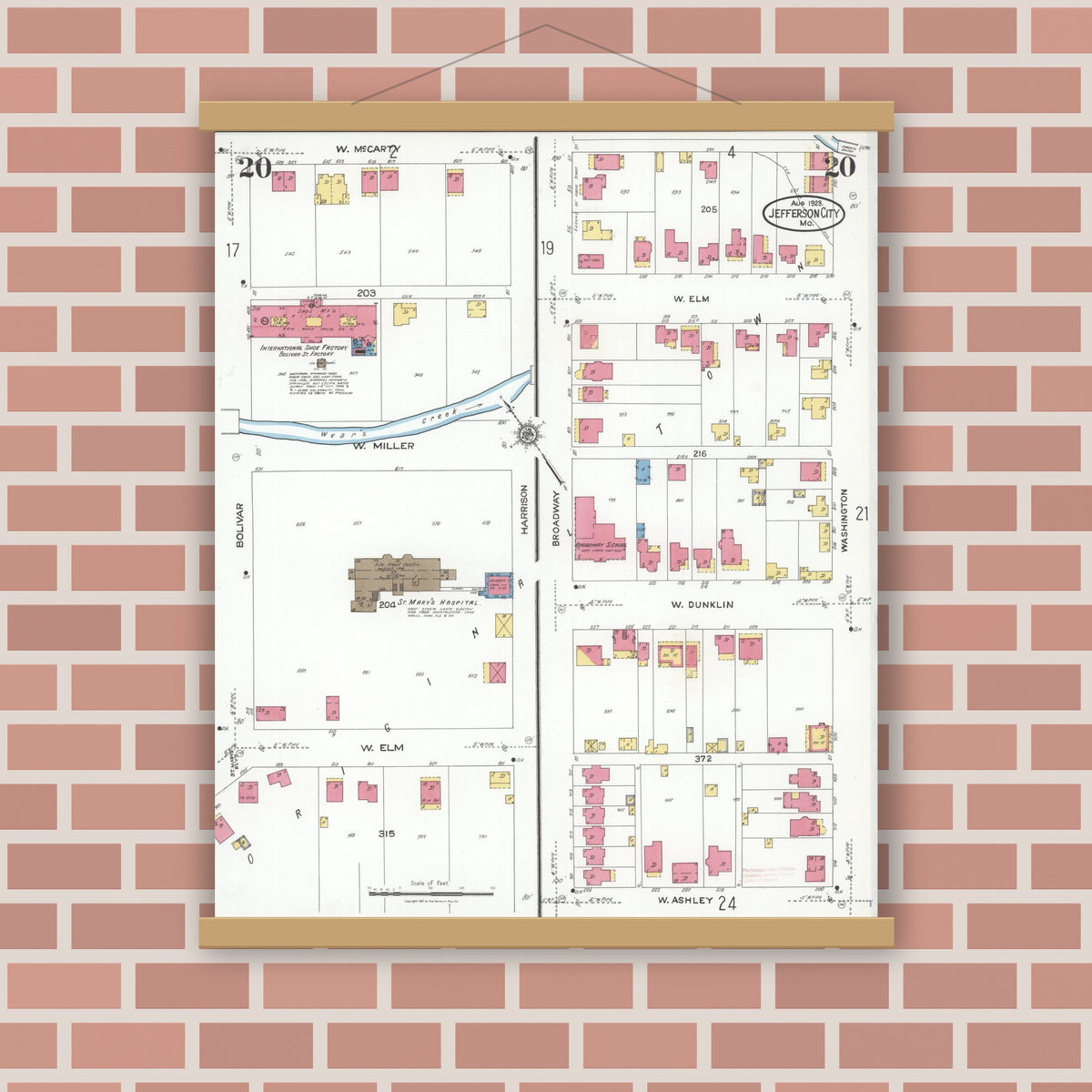 Old map wall art mockup — magnetic wood frame on brick wall — Sanborn Fire Insurance Map from Jefferson City, Cole County, Missouri (1923), Sheet #0020