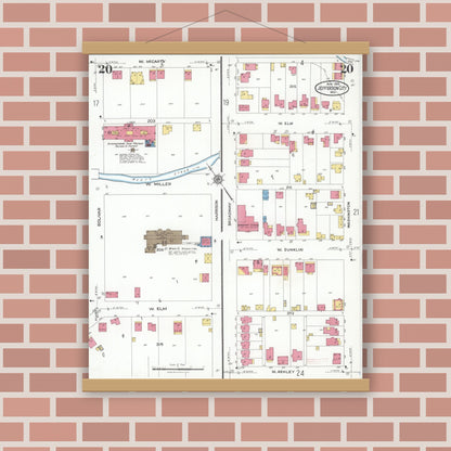Old map wall art mockup — magnetic wood frame on brick wall — Sanborn Fire Insurance Map from Jefferson City, Cole County, Missouri (1923), Sheet #0020