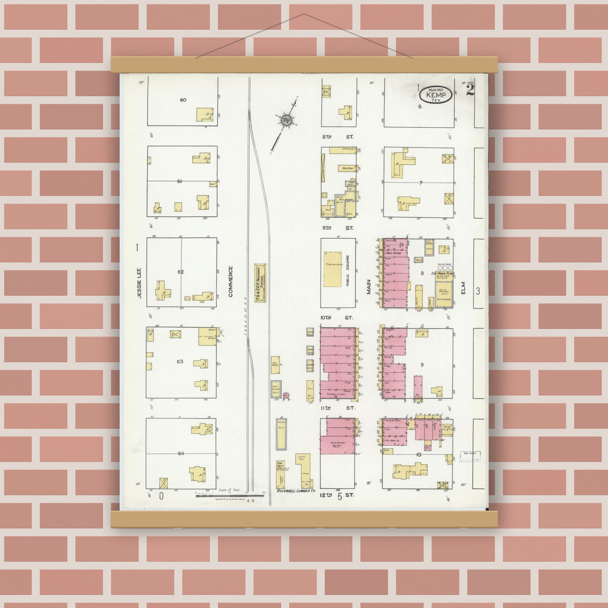 Old map wall art mockup — magnetic wood frame on brick wall — Sanborn Fire Insurance Map from Kemp, Kaufman County, Texas (1921), Sheet #0002
