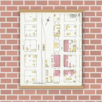 Old map wall art mockup — magnetic wood frame on brick wall — Sanborn Fire Insurance Map from Kemp, Kaufman County, Texas (1921), Sheet #0002