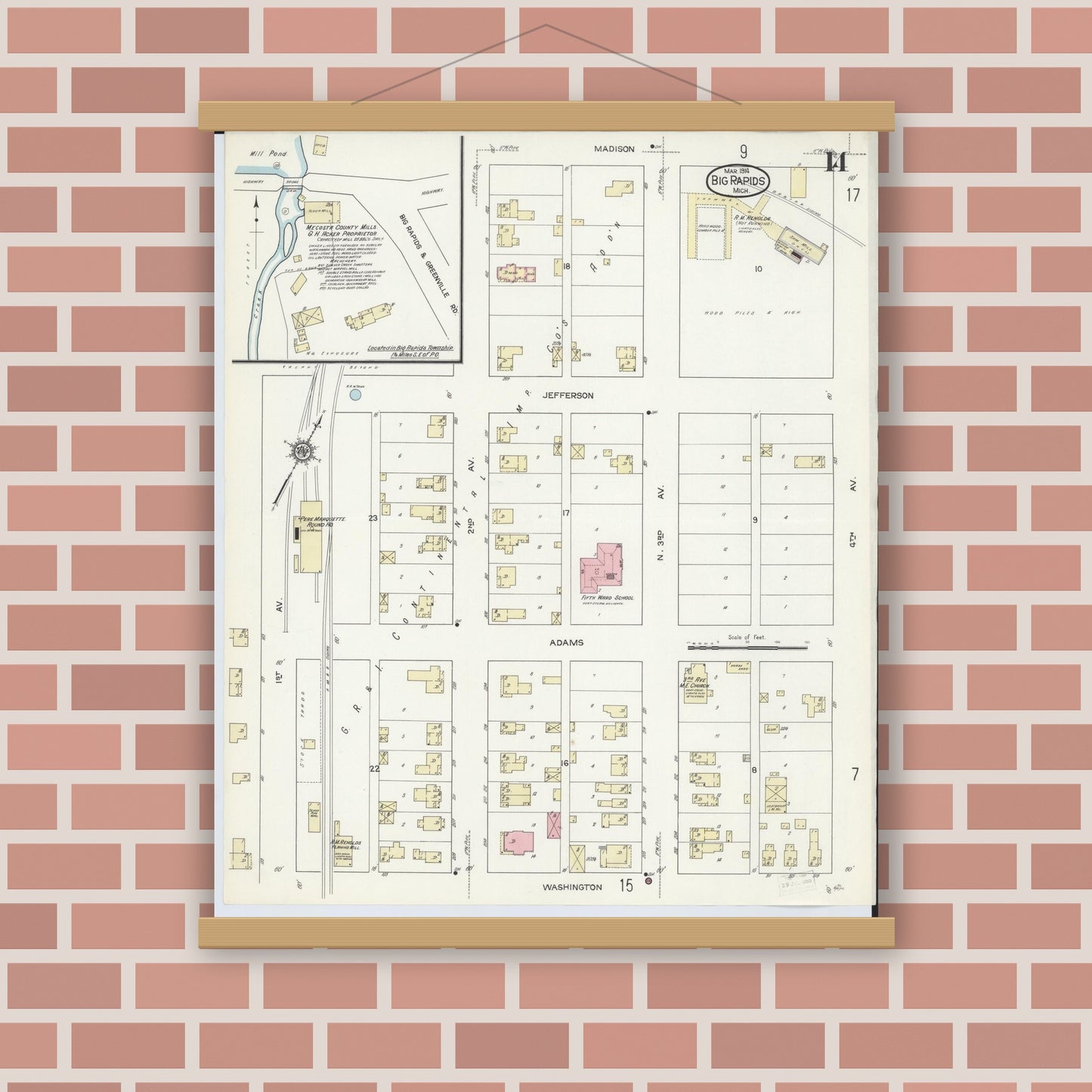 Old map wall art mockup — magnetic wood frame on brick wall — Sanborn Fire Insurance Map from Big Rapids, Mecosta County, Michigan (1914), Sheet #0014