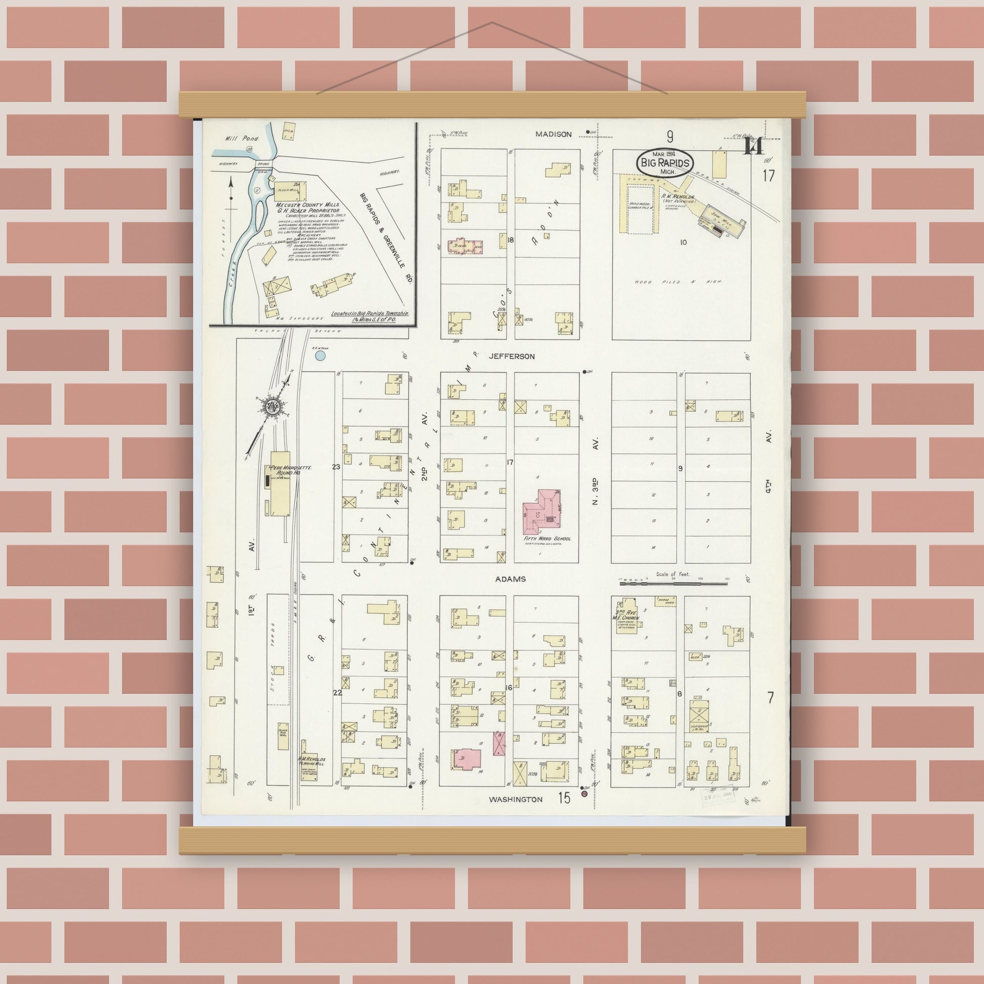 Old map wall art mockup — magnetic wood frame on brick wall — Sanborn Fire Insurance Map from Big Rapids, Mecosta County, Michigan (1914), Sheet #0014