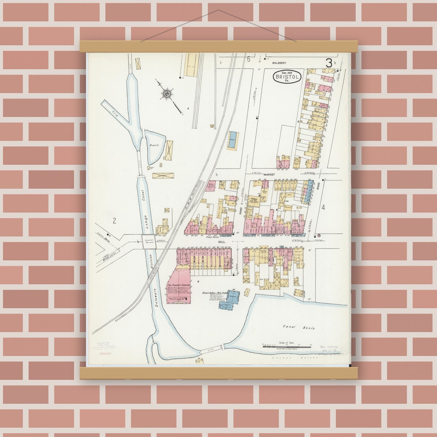 Old map wall art mockup — magnetic wood frame on brick wall — Sanborn Fire Insurance Map from Bristol, Bucks County, Pennsylvania (1927), Sheet #0003