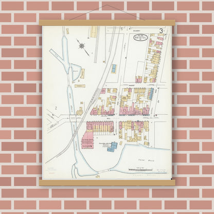 Old map wall art mockup — magnetic wood frame on brick wall — Sanborn Fire Insurance Map from Bristol, Bucks County, Pennsylvania (1927), Sheet #0003