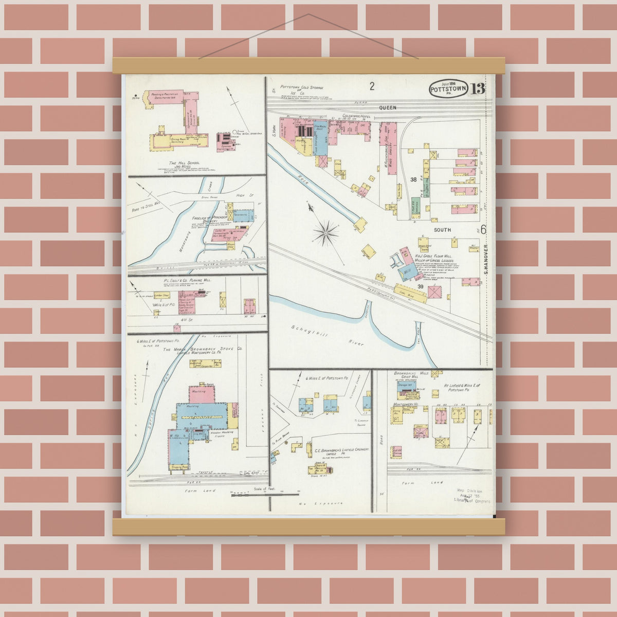 Old map wall art mockup — magnetic wood frame on brick wall — Sanborn Fire Insurance Map from Pottstown, Montgomery County, Pennsylvania (1896), Sheet #0013