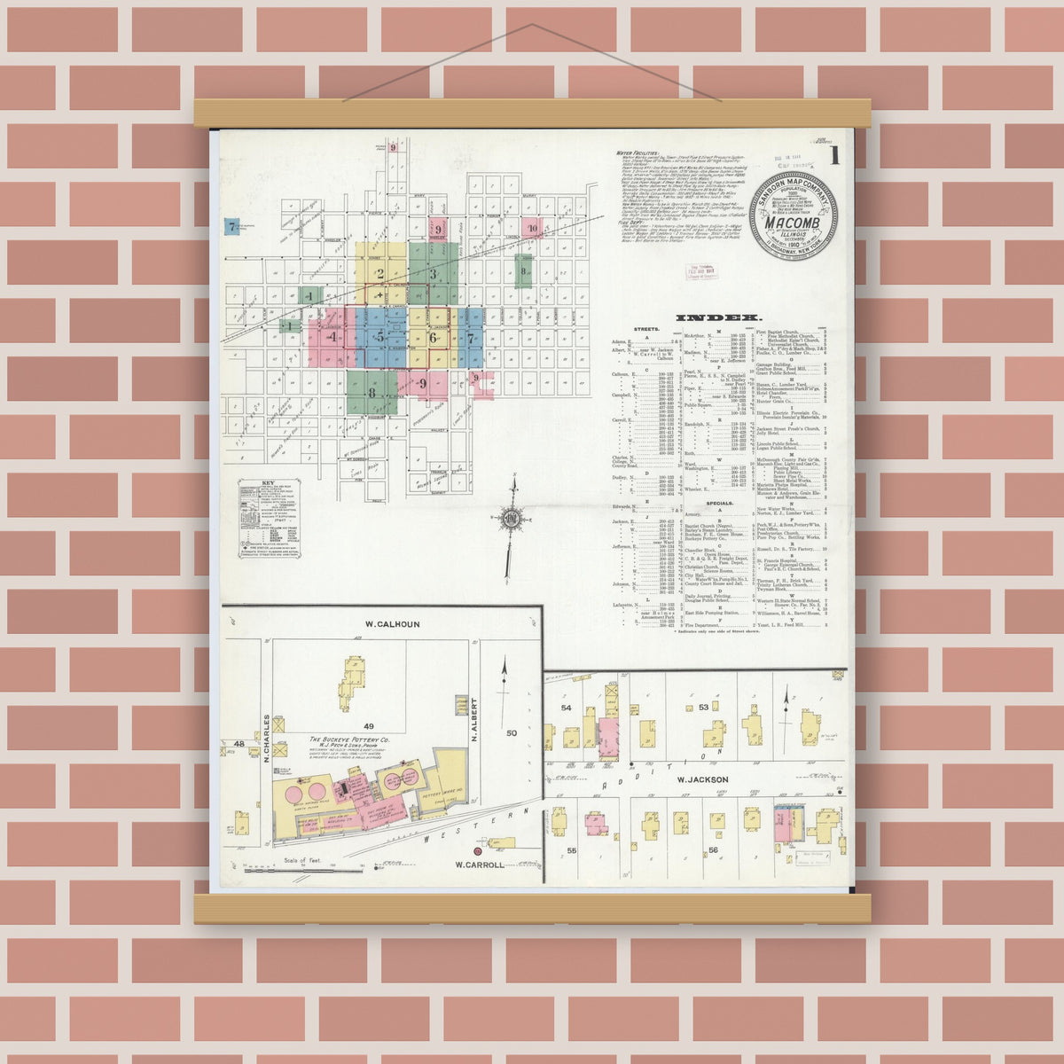 Old map wall art mockup — magnetic wood frame on brick wall — Sanborn Fire Insurance Map from Macomb, Mcdonough County, Illinois (1910) - Complete Map Set