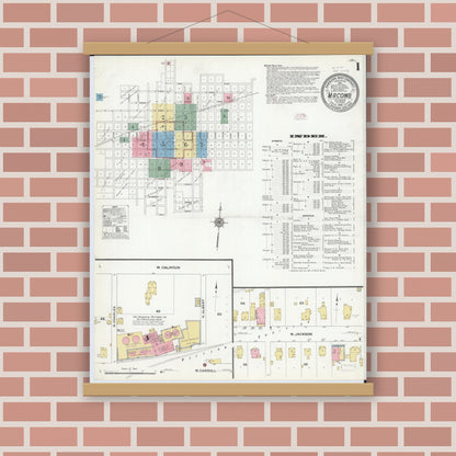 Old map wall art mockup — magnetic wood frame on brick wall — Sanborn Fire Insurance Map from Macomb, Mcdonough County, Illinois (1910) - Complete Map Set