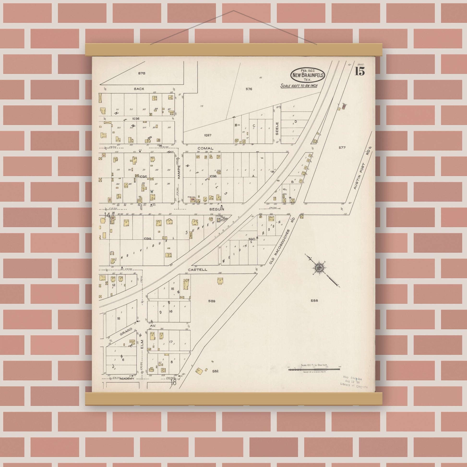 Old map wall art mockup — magnetic wood frame on brick wall — Sanborn Fire Insurance Map from New Braunfels, Comal County, Texas (1922), Sheet #0015