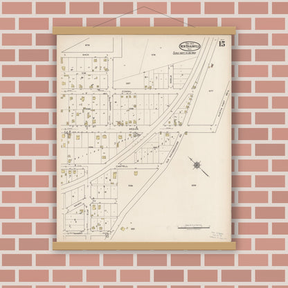 Old map wall art mockup — magnetic wood frame on brick wall — Sanborn Fire Insurance Map from New Braunfels, Comal County, Texas (1922), Sheet #0015