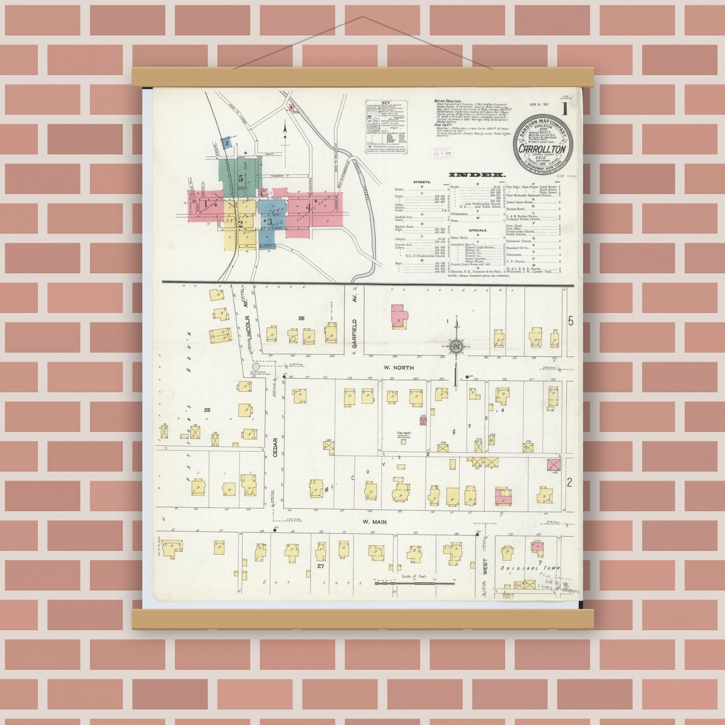 Old map wall art mockup — magnetic wood frame on brick wall — Sanborn Fire Insurance Map from Carrollton, Carroll County, Ohio (1911) - Complete Map Set