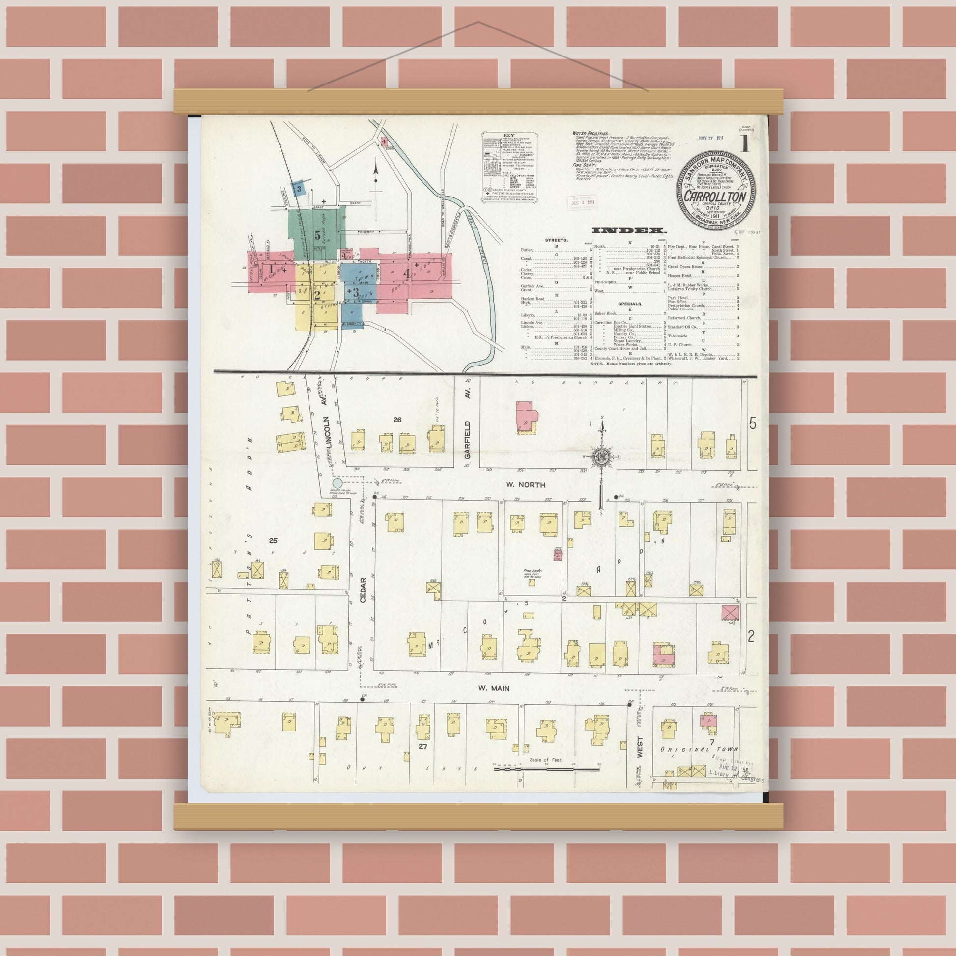 Old map wall art mockup — magnetic wood frame on brick wall — Sanborn Fire Insurance Map from Carrollton, Carroll County, Ohio (1911) - Complete Map Set
